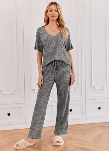 Image of Ekouaer Womens Ribbed Knit Lounge Set Short Sleeve Top and Long Pants Sleepwear Pajama Set Two Piece Matching Outfits Set