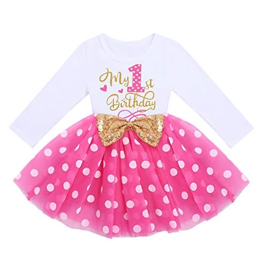 Infantil Niña Bebita Mi 1er Primer Cumpleaños Disfraz de Minnie Mouse O-Cuello Manga Larga de Algodón Lunares Vestido de Tul Princesa Tutú Ropa de Sesión de Fotos de Fiesta de Un Año Rosa Caliente