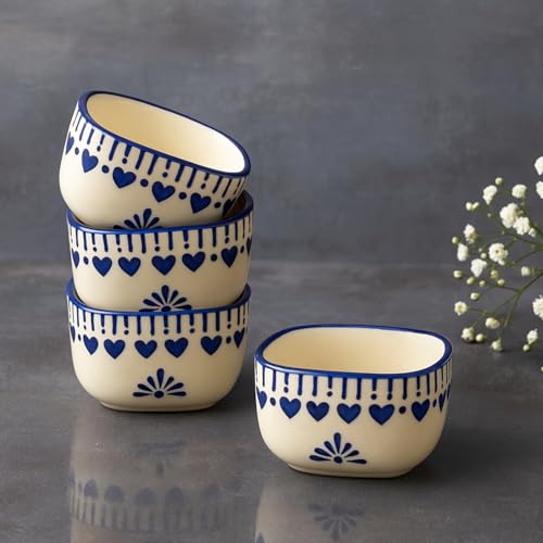 Image of StyleMyWay Hand-Painted Square Ceramic Dip Bowls (50 ml, White & Blue, Set of 4) | Chutney, Sauce, Pickle, Ketchup Mini Bowls