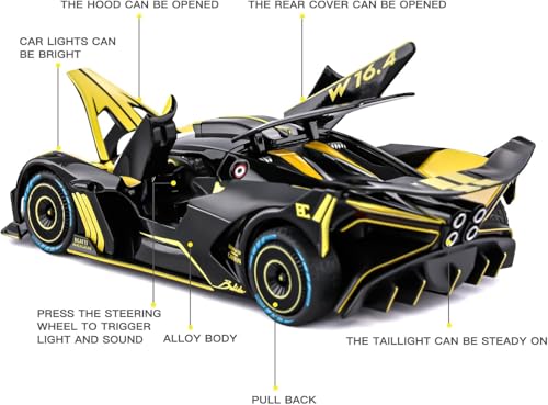 Image of 1:24 Bugatti Bolide Diecast Car Toy, Alloy Pull Back Model with Lights and Music, Realistic Toy Vehicle for Kids, Boys, Girls, Perfect Birthday (Yellow)