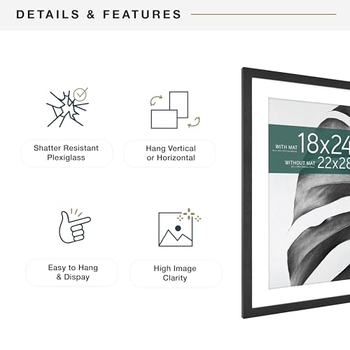 MCS Studio Gallery 22x28 Matted Poster Frame with 18x24 Picture Display, Black Woodgrain Vertical & Horizontal Wall Hanging Large Picture Frame for Photos, Posters & Art Prints (1-Pack)