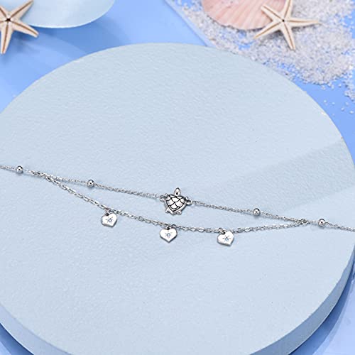 Sianilvera S925 Sterling Silver Foot Charm Jewelry Adjustable Anklet Link Bracelet Gift Double Layered Moon Star Ocean Animal Anklets For Women Girls (Sea Turtle With Heart) #TOP5