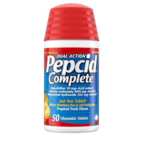 Pepcid Complete Acid Reducer + Antacid for Acid Reflux 10mg Famotidine 800mg Calcium Carbonate & 165mg Magnesium Hydroxide per Heartburn Tablet Antacid Chews Tropical Fruit 50 ct