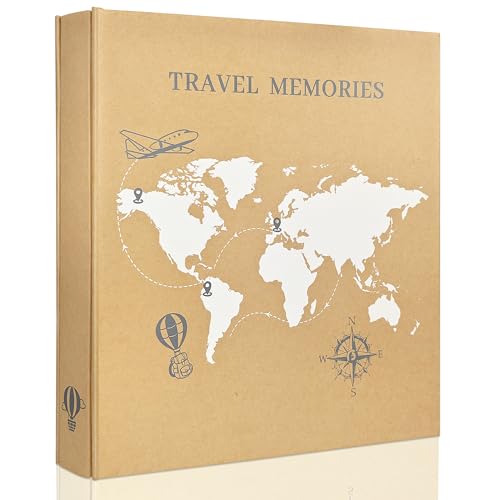Travel Photo Album 4x6 300 Photos,5 Pockets Per Page,World Map Kraft Cover Vacation Memory Book for Family Travel,Road Trip&Adventure Keepsake