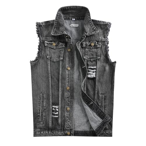 Image of NASKY Men's Fit Retro Ripped Denim Vest Sleeveless Jean Vest and Jacket