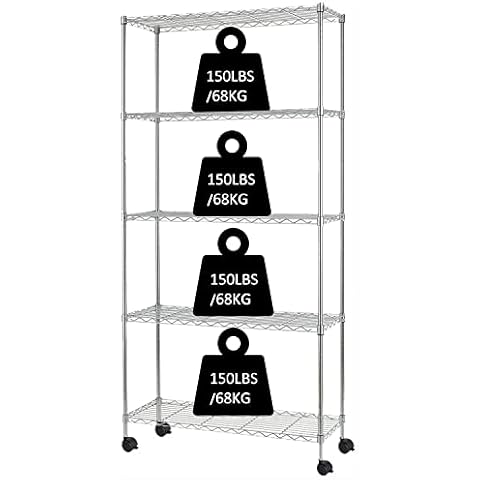 Actask 5-Tier Storage Shelf Heavy Duty Shelving Unit with wheels Height Adjustable Metal Rack For Laundry Bathroom Kitchen Garage Pantry Organization 750 LBS Capacity NSF Certified,152x76x35cm Chrome Cover