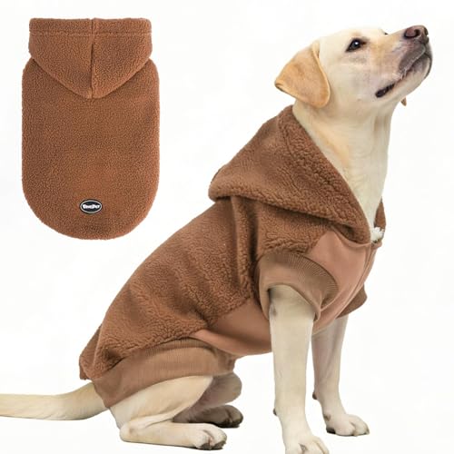 BINGPET Dog Hoodie for Large Medium Small Dogs, Sherpa Hooded Dog Sweater with Pocket Leash Hole for Boy Girl Dogs,Soft Warm Fleece Dog Winter Clothes Cold Weather Coats Jacket for Puppy Sweatshirt,L