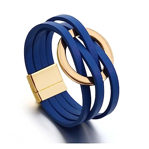 Long tiantian Blue Bracelets for Women Leather Cuff Bracelet for Women Circle Charm Bangle Bracelets Leather Wrap Bracelets Boho Bracelets Multilayer Stackable Bracelets Costume Jewelry for Women