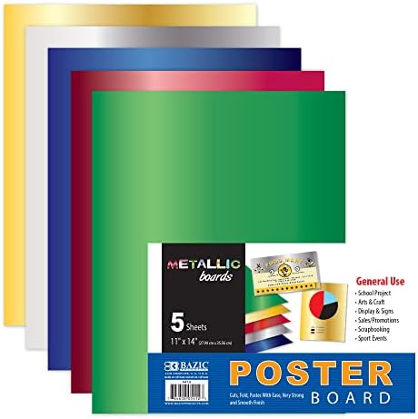 BAZIC Poster Board Metallic Assorted Color 11" X 14", Colored Poster Board Paper, for School Craft Project Presentation Drawing (5/Pack), 1-Pack
