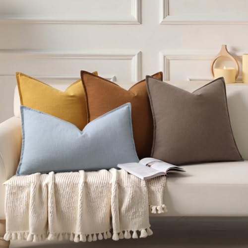 Image of decorUhome Decorative Linen Throw Pillow Covers 20x20 Inch Set of 2 Linen Brown Neutral Pillow Covers with Flange Edges Soft Farmhouse Boho Accent Pillow Cases for Couch Bed Living Room