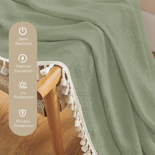Image of Joydeco Linen Sage Green Boho Curtains 63 Inch, 2 Panels with Tassels | Super Soft Farmhouse Drapes, Semi Sheer Light Filtering, Natural Look for Bedroom Living Room, Modern Boho Decor