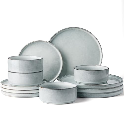 Image of Famiware Annecy 12-Piece Stoneware Dinnerware Set, Grey Blue