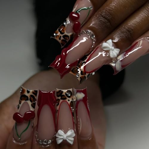 RIICFDD Long Press on Nails Square Leopard Print French Tip Fake Nails Glue on Nails with Cherry Charms and Rhinestones Designs Acrylic Nails Full Cover Stick on Nails for Women 24Pcs