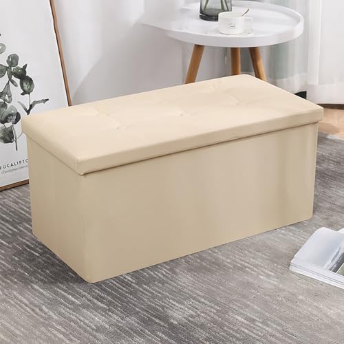 Panca pieghevole da 76,2 cm e poggiapiedi ottomano da ingresso con coperchio ribaltabile da 110 l, baule beige per riporre scarpe e organizzare la fine del letto