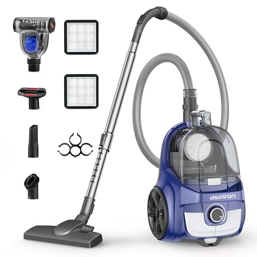 Aspiron Canister Vacuum, Upgraded 1600W Bagless Canister Vacuum Cleaner, Auto Cord Rewind, H13 HEPA Filter, 4Qt Large Capacity, 5 Tools for Hard Floors, Carpet, Pet, Upholstery, Tiles, Indigo
