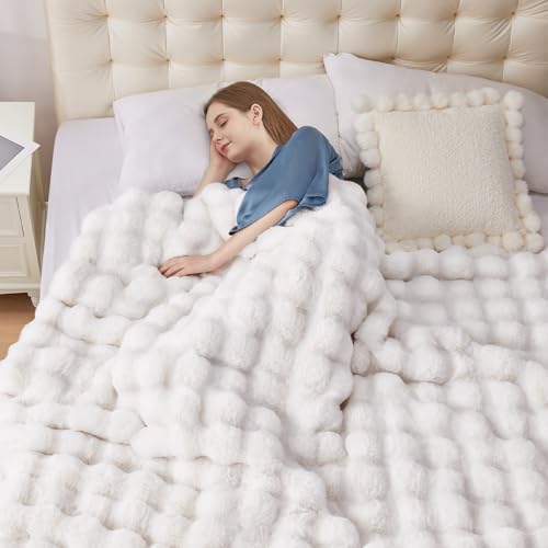 Faux Fur Throw Blanket, 1000GSM Fluffy Soft Bubble Blanket for Couch Bed, Cozy Plush Warm and Thick Blanket, Fuzzy Rabbit Lola Throw for Living Room Bedroom 50''*60'' White