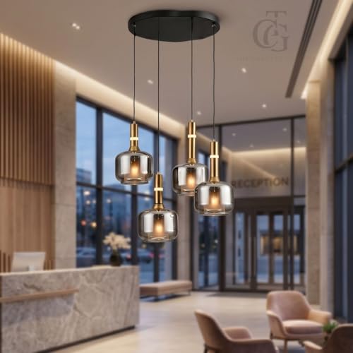 Image of Set of 4-Heads Box-Shaped Glass Hanging Pendant Light|Modern Cube Cluster Ceiling Lamp with Metal Base|Smoke-Glass for Living Room, Dining & Cafe