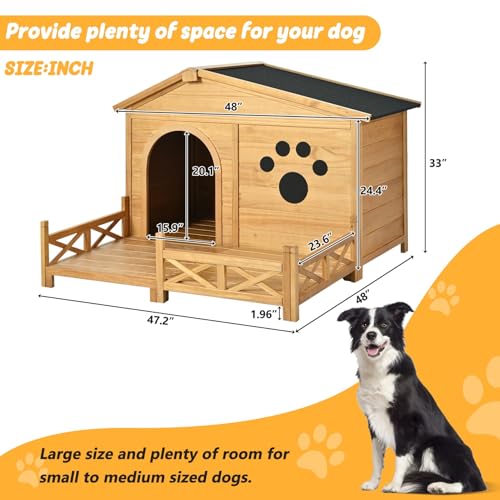 Merax 48" Wooden Dog House Outdoor, Medium Large Breed Outside Kennel with Porch, Paw Print, Weatherproof Asphalt Roof and Fencing - Image 3