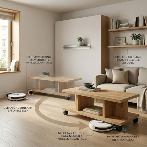 Image of FFO T Shape Center Table with Wheels | 80x50x45 cm Wooden Coffee Table | Modern Living Room Tea Table with Storage Shelf | Engineered Wood Center Table for Home & Office (Oak Finish)