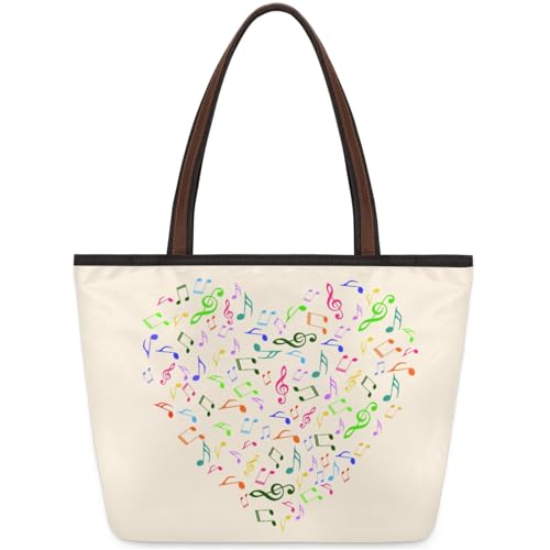 Colorful Heart Music Notes Tote Bag Multi Pocket Zippered Beach Bag Lightweight Waterproof Handbag for Women Men Work Gym Travel Swimming Yoga Grocery Shopping L