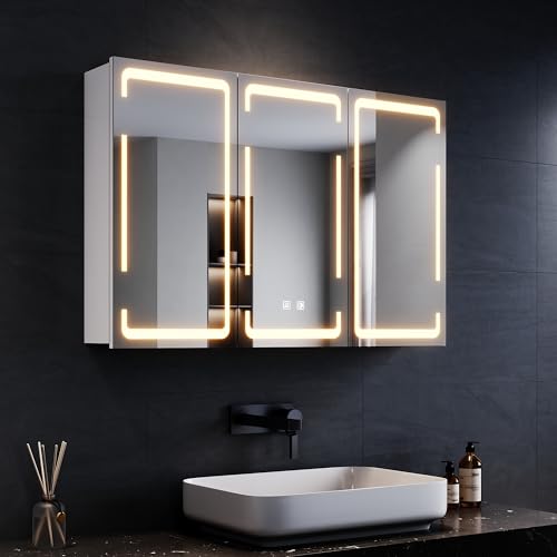 SONNI LED Spiegelschrank Bad mit Beleuchtung und Steckdose, 90 x 60 cm Badezimmerschrank mit Spiegel 3-Türig, Kabelloses Scharnier Design, 3 Lichtfarben Dimmbar, Anti-Beschlag, IP44 Wasserdicht