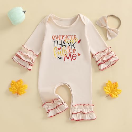 Newborn Baby Girl Thanksgiving Outfit Turkey Letters Embroidery Romper Jumpsuit Long Sleeve Bodysuit with Headband2