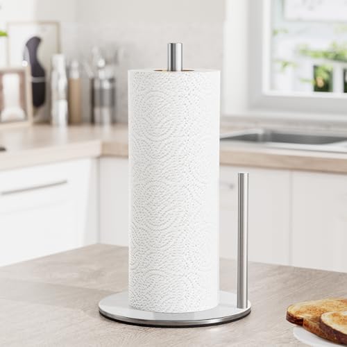 Image of Paper Towel Holder Silver, Premium Stainless Steel Kitchen Roll Dispenser, Countertop Roll Organizer with Weighted Base