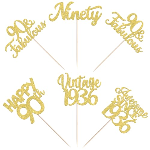 Image of 15 PCS 90th Birthday Centerpiece Sticks Double Sided Ninety Happy 90th Vintage 1936 Table Flower Centerpieces Sticks Cheers to 90 Fabulous Floral Decorations for 90th Birthday Party Supplies Gold