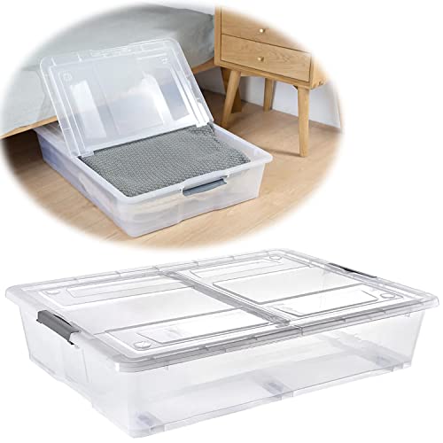 Premify 55L Plastic Storage Box With Dual Lid & Wheels | Slim Under Bed Plastic Organizer Stackable Transparent Box Storing Clothes Toys Shoes Tools Medicine Office Supplies Crafts Kitchen