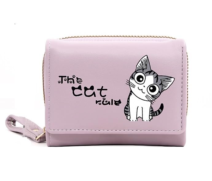alexvyan Purple Cat Small Tri-Fold Women's Purse Wallet Card Organizer Female Hand Purse Clutch Women/Ladies/Girls Wallets 5 Card Holder 1 Long & 2 Small Pocket -1 Zipper Pocket-picture-34