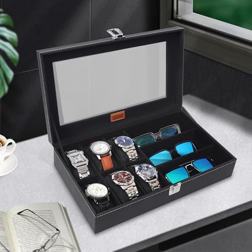 LEDO Watch and Sunglasses Storage Box Organizer Holder Case, 6 Watch Slots and 3 Sunglass Compartments, Black PU Leather Display Case with Transparent