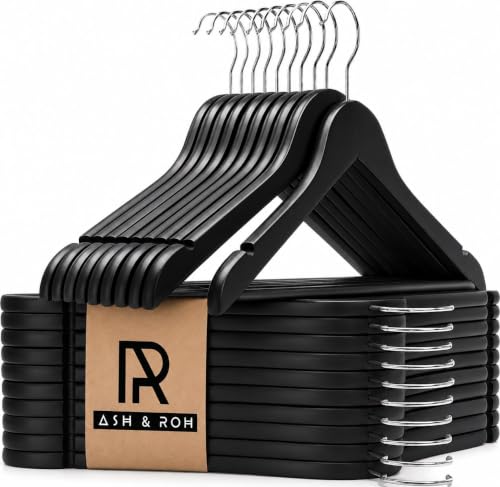 Image of Ash & Roh - Wooden Suit Hangers - Smooth Finish Solid Wood Coat Hanger with Non Slip Pants Bar, 360 Swivel Hook and Precisely Cut Notches Camisole, Jacket, Clothes Hangers (Lack Hanger, 100)
