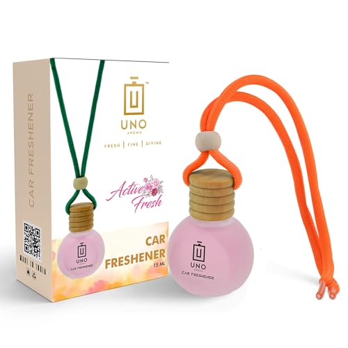 Image of UNO Aroma Car Air Freshener Scent, Long Lasting Car Perfume with Hanging Pod, Natural Essential Oil in Glass Bottle with Wooden Diffuser (Fragrance-Active Fresh, 15ml, Last Upto-30 Days)