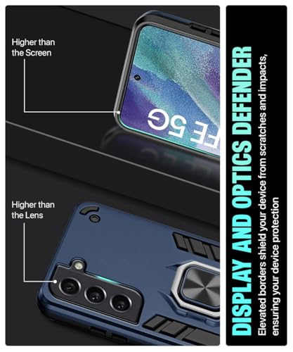 Image of WOW IMAGINE Shock Proof Back Case Mobile Cover for Samsung Galaxy S21 FE 5G | Back Cover Case (Tough Armor | Hybrid PC + TPU | Ring Holder & in-Built Kickstand | Blue)
