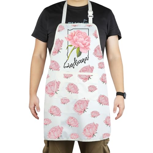 Tablier pivoines de l'Indiana réglable rose et blanc de 72x68cm pour cuisine