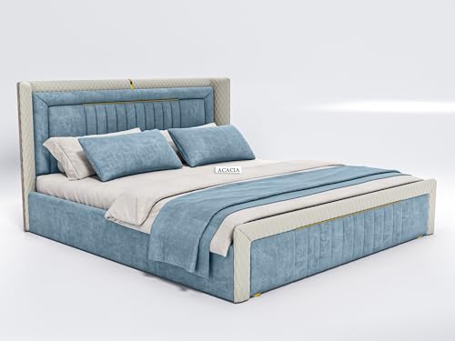Image of Acacia Modern Upholstered Queen Size Bed with Box Storage for Bedroom | Wooden Double Bed with Storage | Platform Cot Bed with Upholstery Premium Fabric | 6.5 x 5 Ft, Sheesham Wood, Light Steel Blue