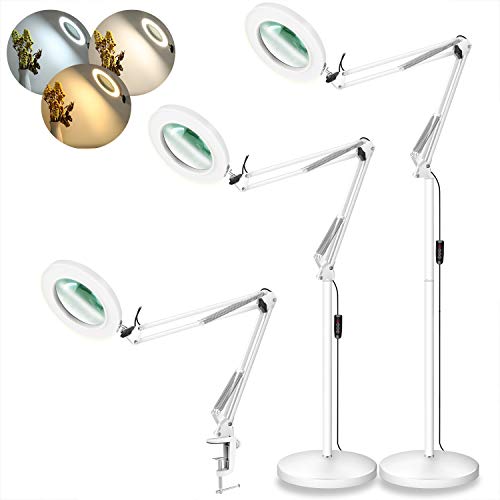 LANCOSC Magnifying Floor Lamp, 8-Diopter 5X Real Glass Lens, 3 Color Modes LED Magnifier Light with Clamp, Standing Lamp with Adjustable Swivel Arm for Reading, Crafts, Close Work - White