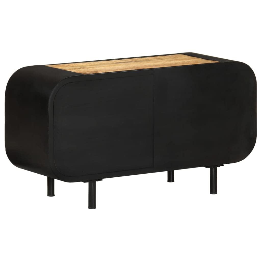 Mobile TV in legno di mango grezzo, 90 x 30 x 48 cm, con scomparto e ripiani, stile industriale, spazio per soggiorno, combinazione legno e metallo, comò basso per TV
