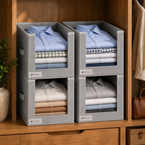 Image of VERVENIX Shirt Stacker Set of 4, Non Woven Foldable Clothes Storage Organizer with Handle, Wardrobe Closet Organizer, Space Saving Cloth Organizer for T-Shirts, Shirts, Jeans, Grey