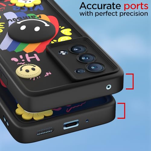 Image of Pikkme Back Cover for Oppo Reno 6 Pro Plus 5G | Soft Silicone| Cute Rainbow Smile & 3D Cartoon Flower Design | Shockproof Raised Camera Protection Bumper Case (Black)