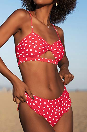 Cupshe Women's Red Polka Dot Cutout Ruffles Back Hook Closure Bikini Sets, Size M #TOP2