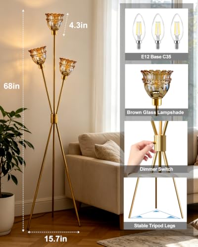 Image of Lightdot 3-Lights Glass Tripod Floor Lamp Gold Dimmable Floor Lamps with 3000K Warm White Bulbs for Wedding Party 62IN Tall Standing Lamp with Amber Glass Shade for Living Room /Bedroom /Home Decor