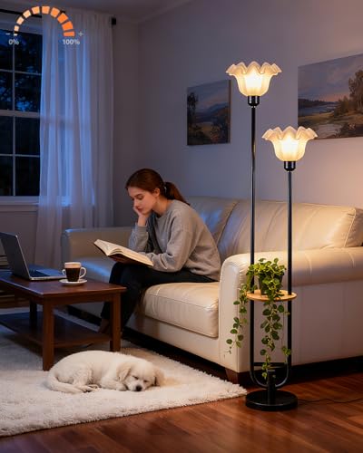 Image of Lightdot Dimmable Flower Floor Lamp for Living Room, Modern Mid Century Floor Lamp with Table, Black Tall Standing Lamp with 5Lbs Heavy Base for Bedroom /Sofa Beside /Corner Decor(Bulb Included)