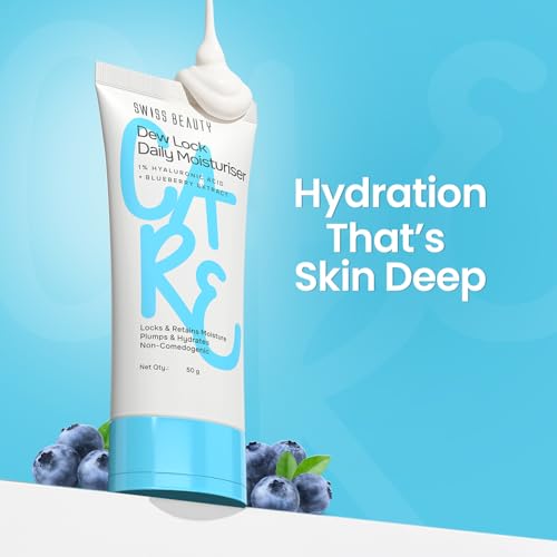 Image of Swiss Beauty Dew Lock Daily Moisturiser | 1% Hyaluronic Acid & Blueberry Extract | Locks & Retains Moisture | Plumps & Hydrates | Non-Comedogenic | 50gm