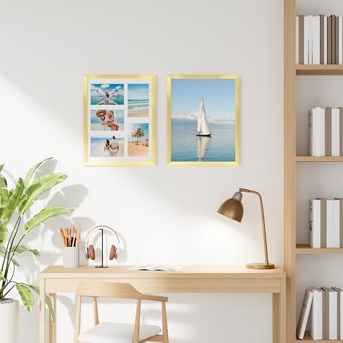 decorUhome 11x14 Picture Frames Collage Wall Decor, Display 5Pcs 4x6 Photos with Mat or 1Pcs 11x14 Unmatted, 5 4x6 Collage Picture Frames for Wall Mounting, Gold