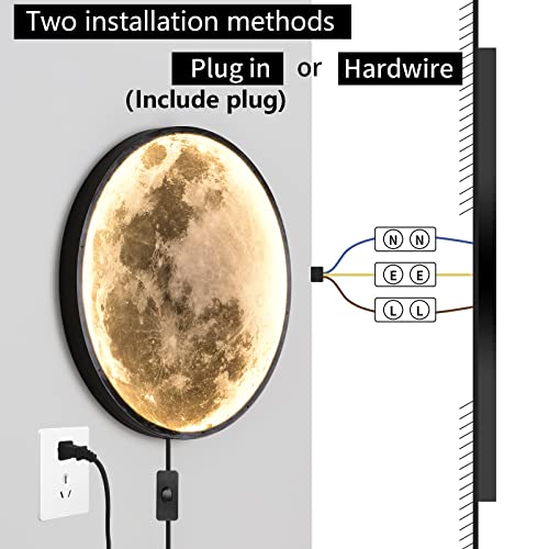 Image of QIYIMEILUX Dimmable Moon Wall Sconce Plug in Modern LED Wall Light with Remote Control 19.7 inch 24W Black Wall Lamp Indoor Wall Mounted Lighting Ceiling Light for Living Room Bedroom(Moon)