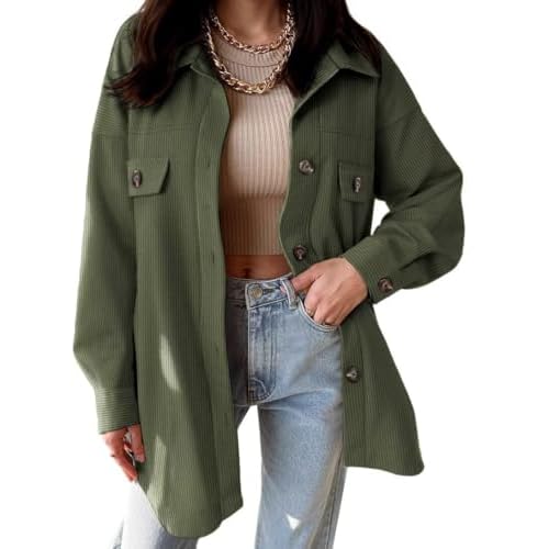VICHYIE Womens Corduroy Shacket Blouses Button Down Shirts Pocket Long Sleeves Tops Jacket Coats Small Green