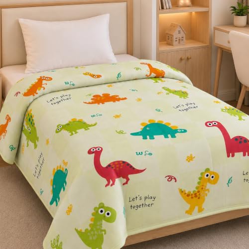 Image of Filymore Kids Comforter for Single Bed 90 x 60 Inches | Green Dinosaur Print Comforter | Soft Microfiber Reversible AC Blanket | Lightweight All Season Quilt for Boys & Girls | Ultra Soft Bedding