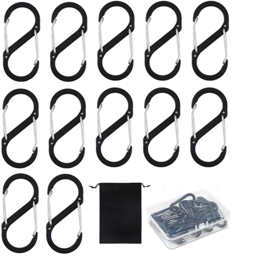 FINGOOO カラビナ S字型 S5 12個セット 小型 頑丈 超軽量 多機能 アルミニウム合金 登山 キャンプ アウトドア 防サビ 自動ロック 紛失防止 (S5 ブラック)