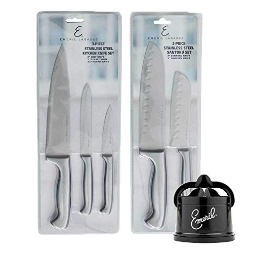 Emeril Lagasse 6-Pc Stainless Steel Kitchen Knife Set (Small Handles) - 8 Chef Knife, 5 Serrated Utility Knife, 3.5 Paring Knife, 7 Santoku Knife & 5 Santoku Knife + Countertop Sharpener (Black)